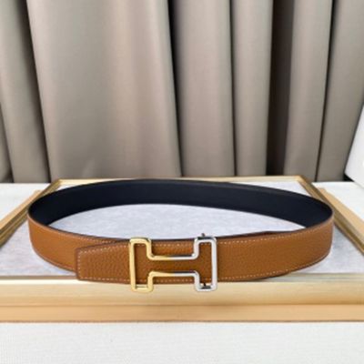 1:1  Hermes Khaki& Black Leather Belt  with Gold"H" buckle Hollow 3.8cm